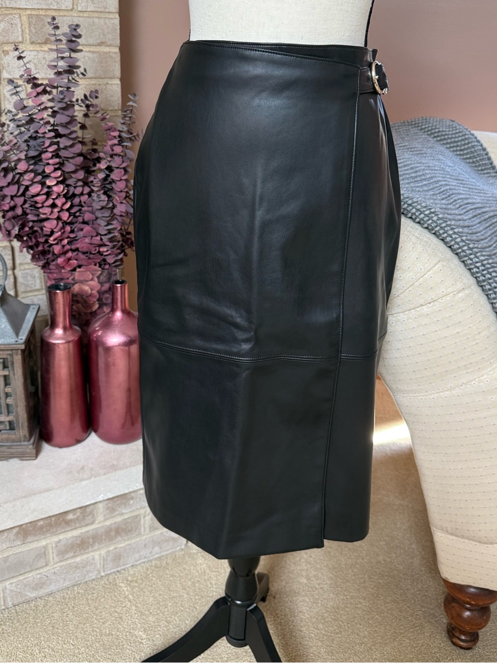 White House Black Market Faux Leather Wrap Skirt - Black
